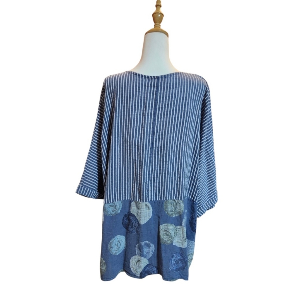 🇮🇹Made In Italy, 100% Cotton, Blue Striped & Print Relaxed Fit Tunic Top - Picture 8 of 10